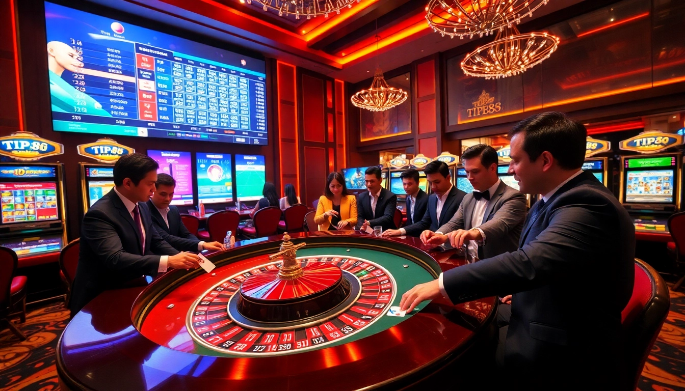 Experience the excitement of online gambling at https://tip88.living/ with a luxury casino scene featuring roulette and vibrant slot machines.