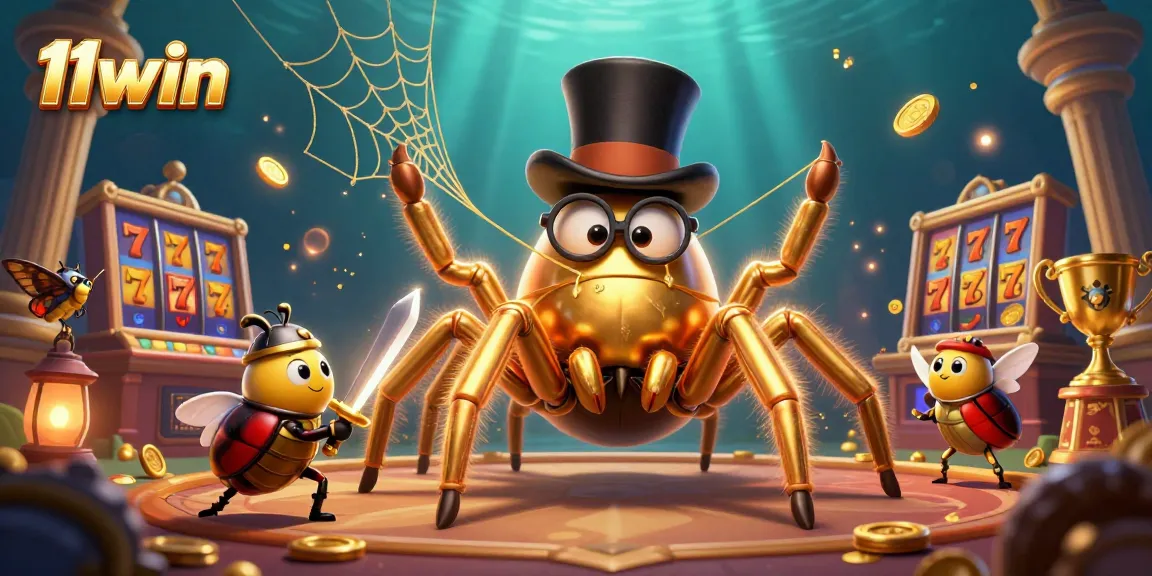 Experience the thrill of the 11win casino with vibrant slot reels, golden trophies, and dynamic characters.