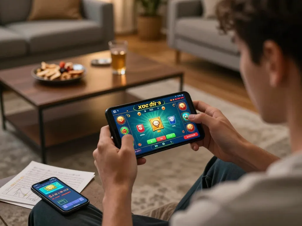 xóc đĩa online game being played on a mobile device in a cozy home setting, showcasing player engagement.