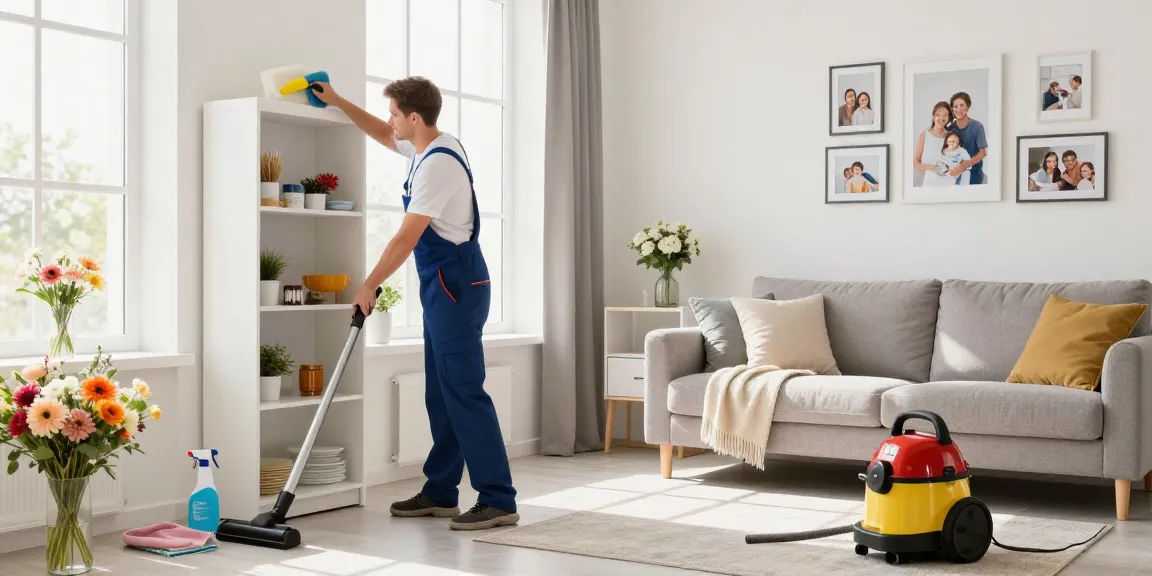 Professional cleaner providing services in bright living room, showcasing reinigungen bern.