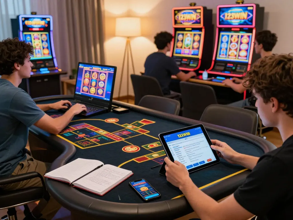 Players enjoying engaging games on the 123WIN app in a cozy home setting, showcasing dynamic online gambling.