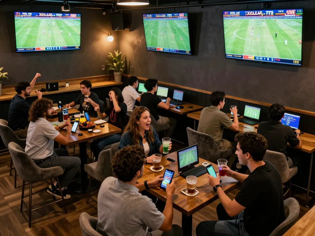 Fans cheering and betting on live sports via Xoilac at a modern bar