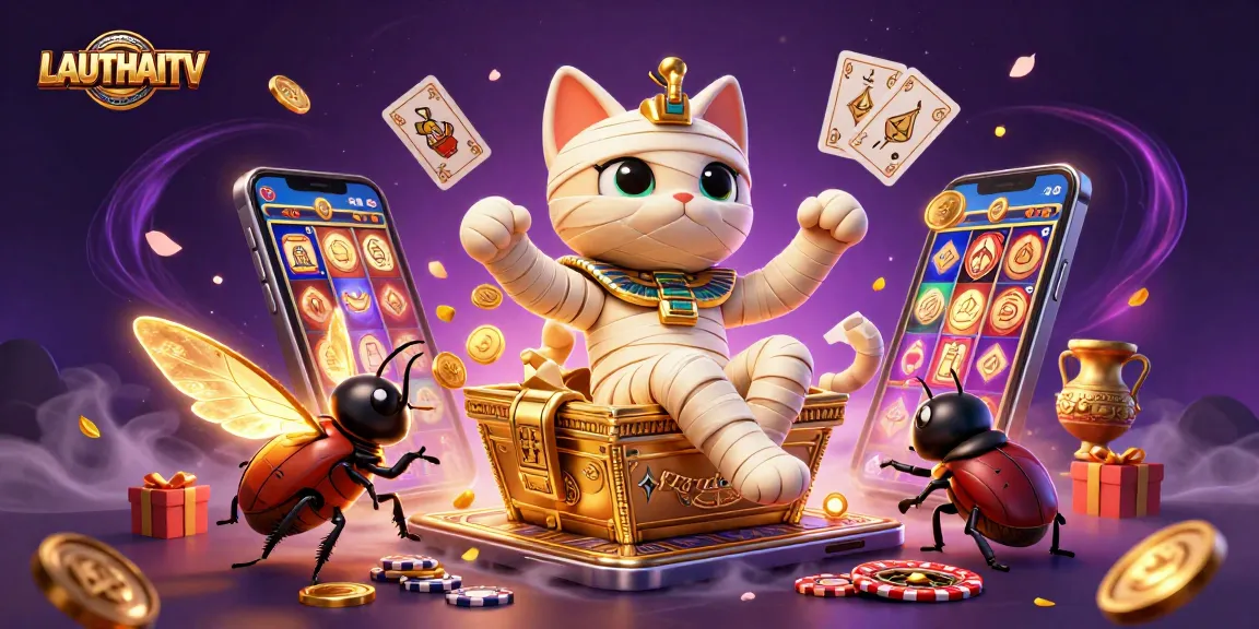Experience LAUTHAITV with an Egyptian mummy cat at a vibrant casino scene.