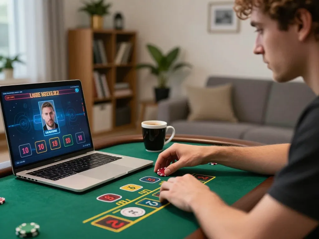 Nohu90 player engaging in responsible online blackjack gaming at home, focused on strategy and bets.