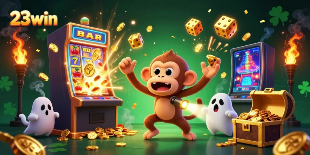 Experience the excitement of 23win in this colorful casino scene filled with golden treasures and playful characters.