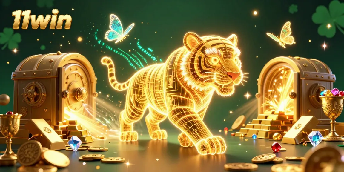 Win big with 11win in this vibrant digital casino scene featuring a golden tiger and treasures.