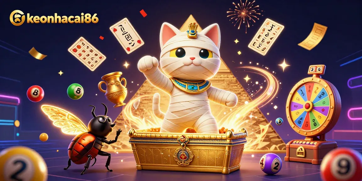 Experience thrilling action at keonhacai86 with a dynamic scene of a mummy cat and casino elements.