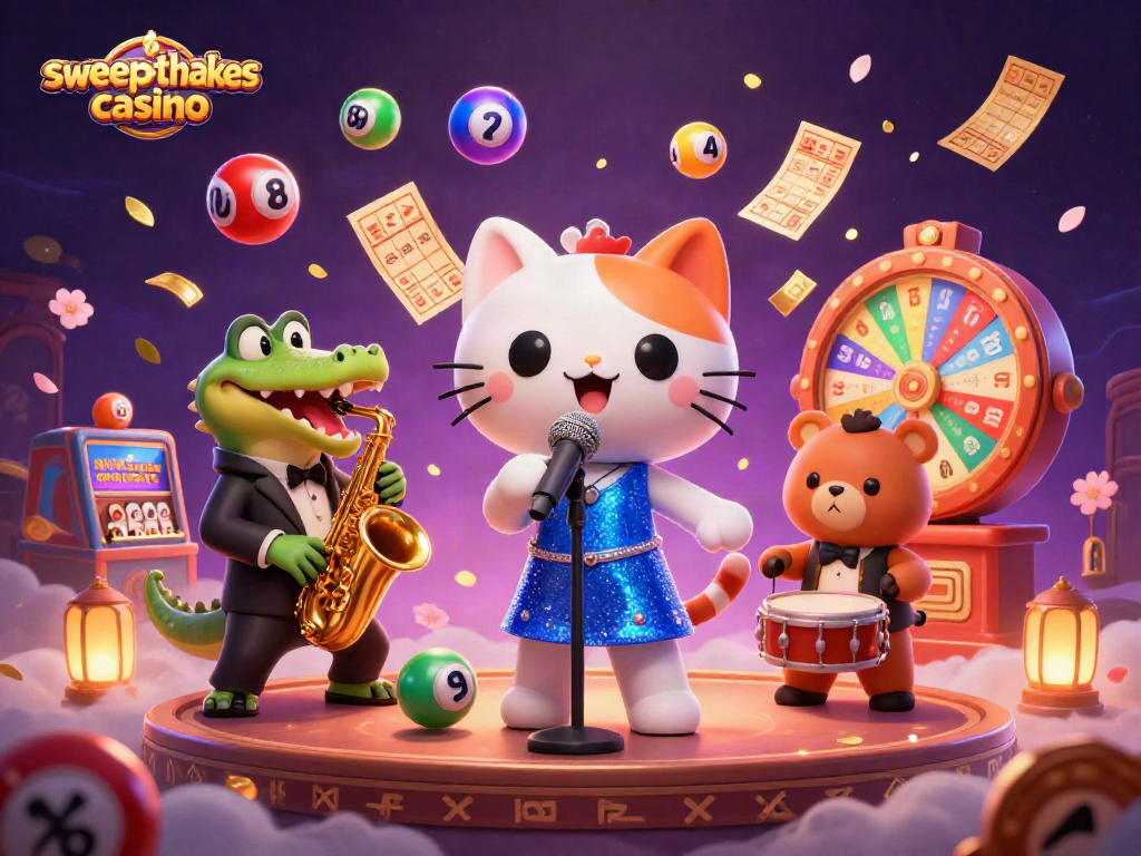 Experience the vibrant charm of a sweepstakes casino scene with lively cartoon characters and dynamic game elements.