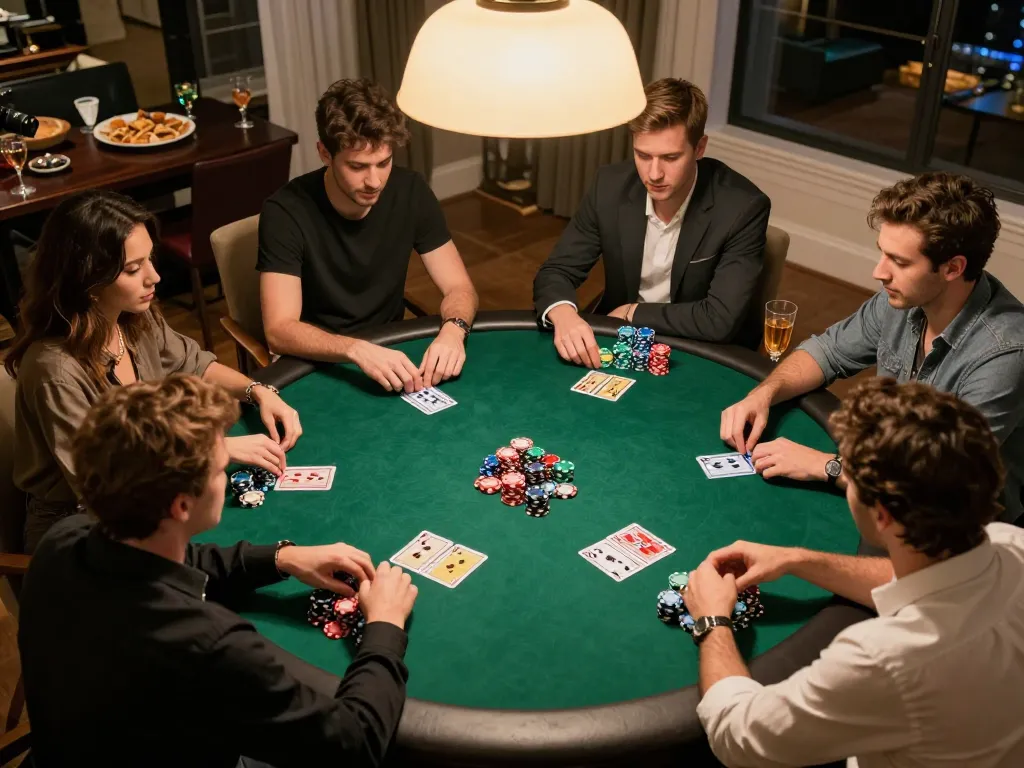 The fun scene at a private poker night shows players engaging in strategizing over cards and chips at https://rr88co.net/.