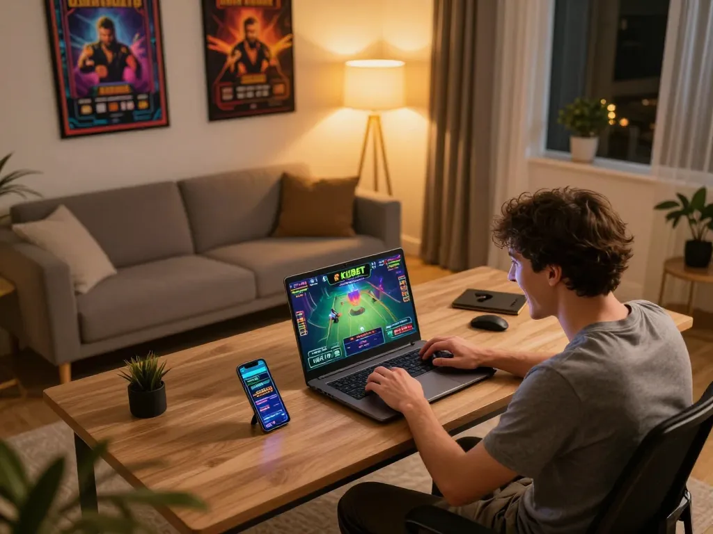 KUBET player celebrating a win on their laptop in a cozy home setting