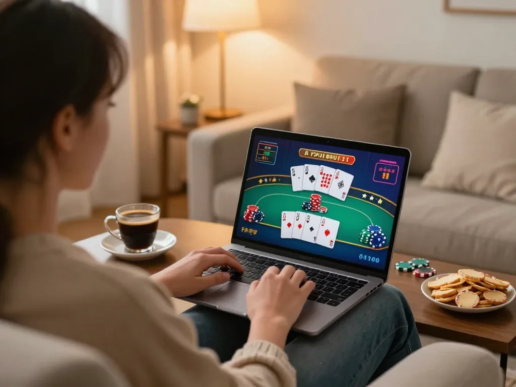 Kubet player engaging in online poker on a laptop in a cozy home setting with snacks.