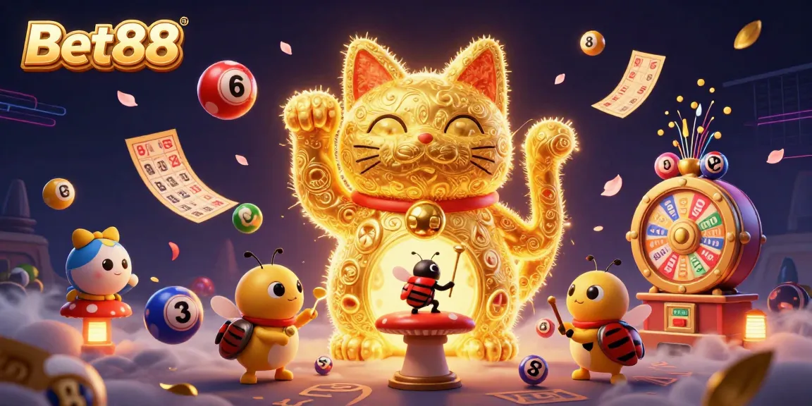 Experience the thrill of Bet88 with a vibrant lucky cat and dynamic casino symbols in action.