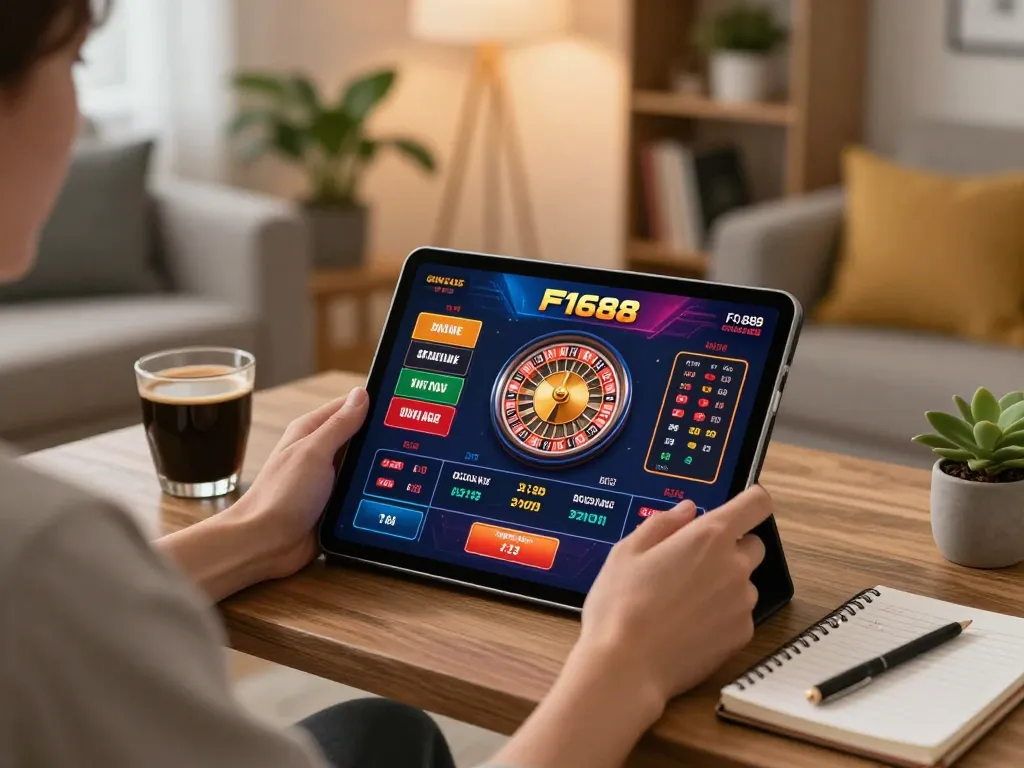 Engaging online gaming scene with a person exploring F1688 casino app on a tablet for strategic betting.