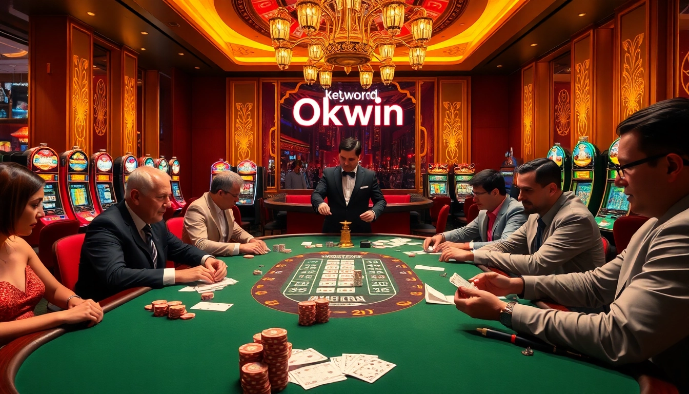 Okwin offers a thrilling casino experience with vibrant poker chips and lively tables.