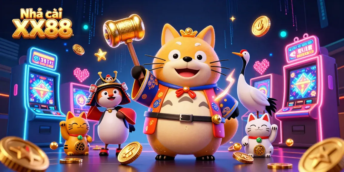 Engage with Nhà cái XX88 in a vibrant casino scene featuring a cheerful tanuki amidst game machines and waving fortune cats.