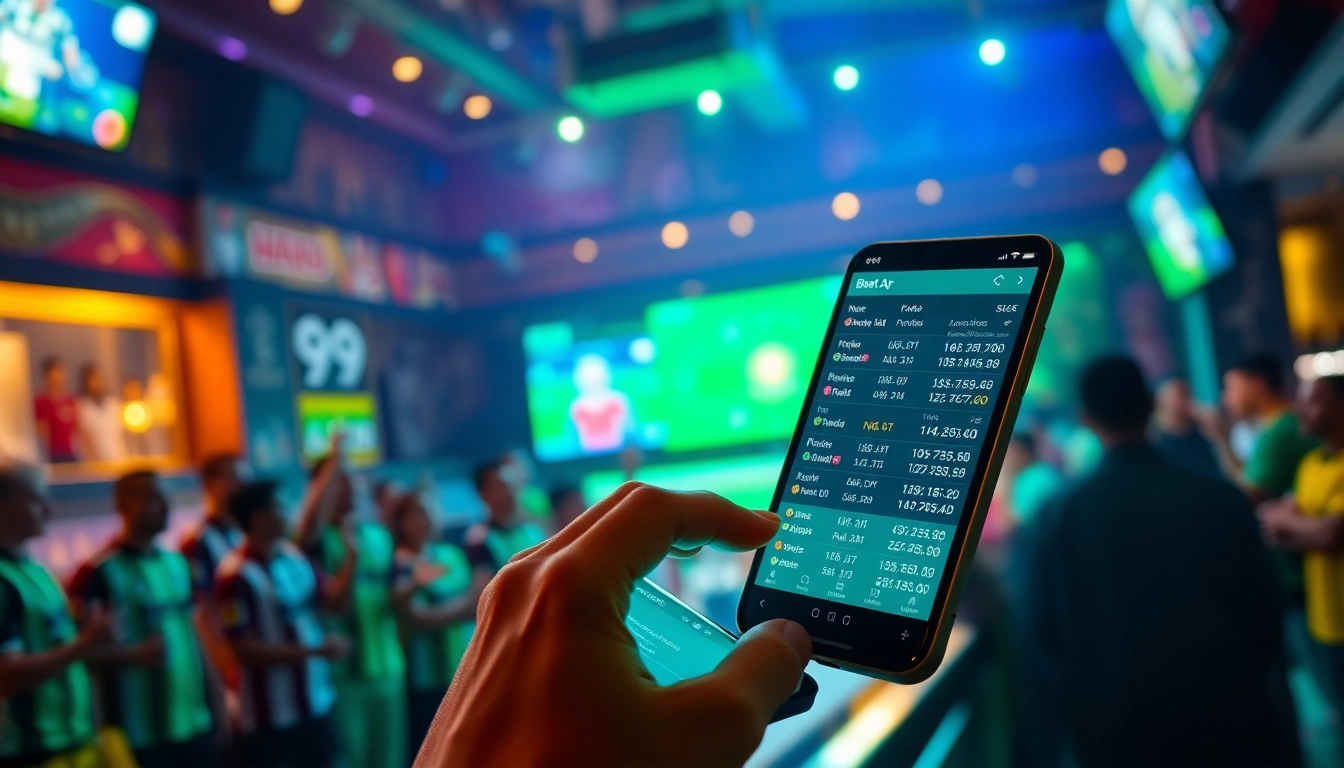 Engaging scene of a user placing a bet on kèo nhà cái in a lively sports bar environment.