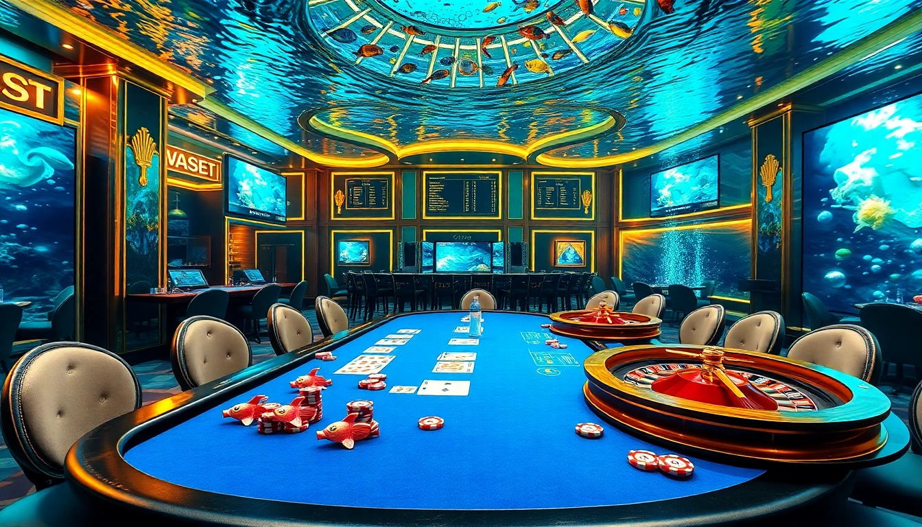 Bắn cá đổi thưởng at an exciting underwater-themed casino, featuring vibrant visuals and luxurious elements.