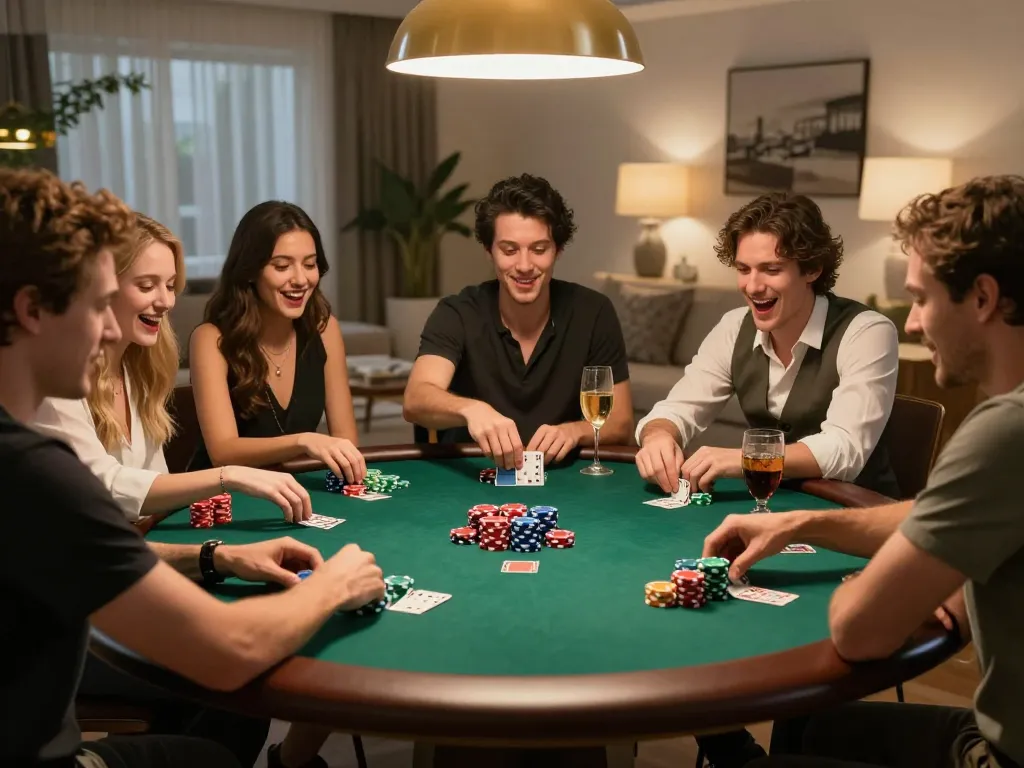 Friends enjoying a poker night at home using U888 for an exciting game.