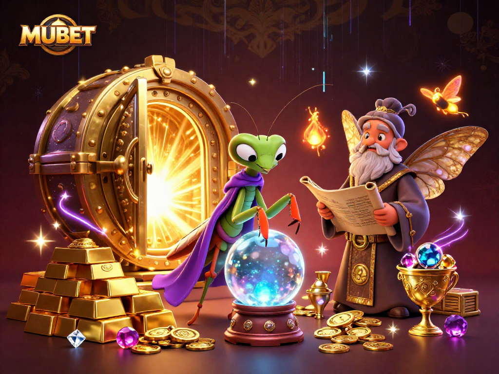 MUBET casino illustration showing a cartoon praying mantis fortune teller and a moth librarian surrounded by gold treasures.