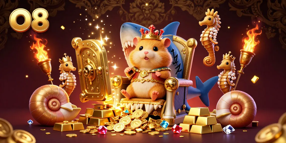 Experience thrilling gaming at O8 with a golden hamster king and treasure elements in a casino scene.