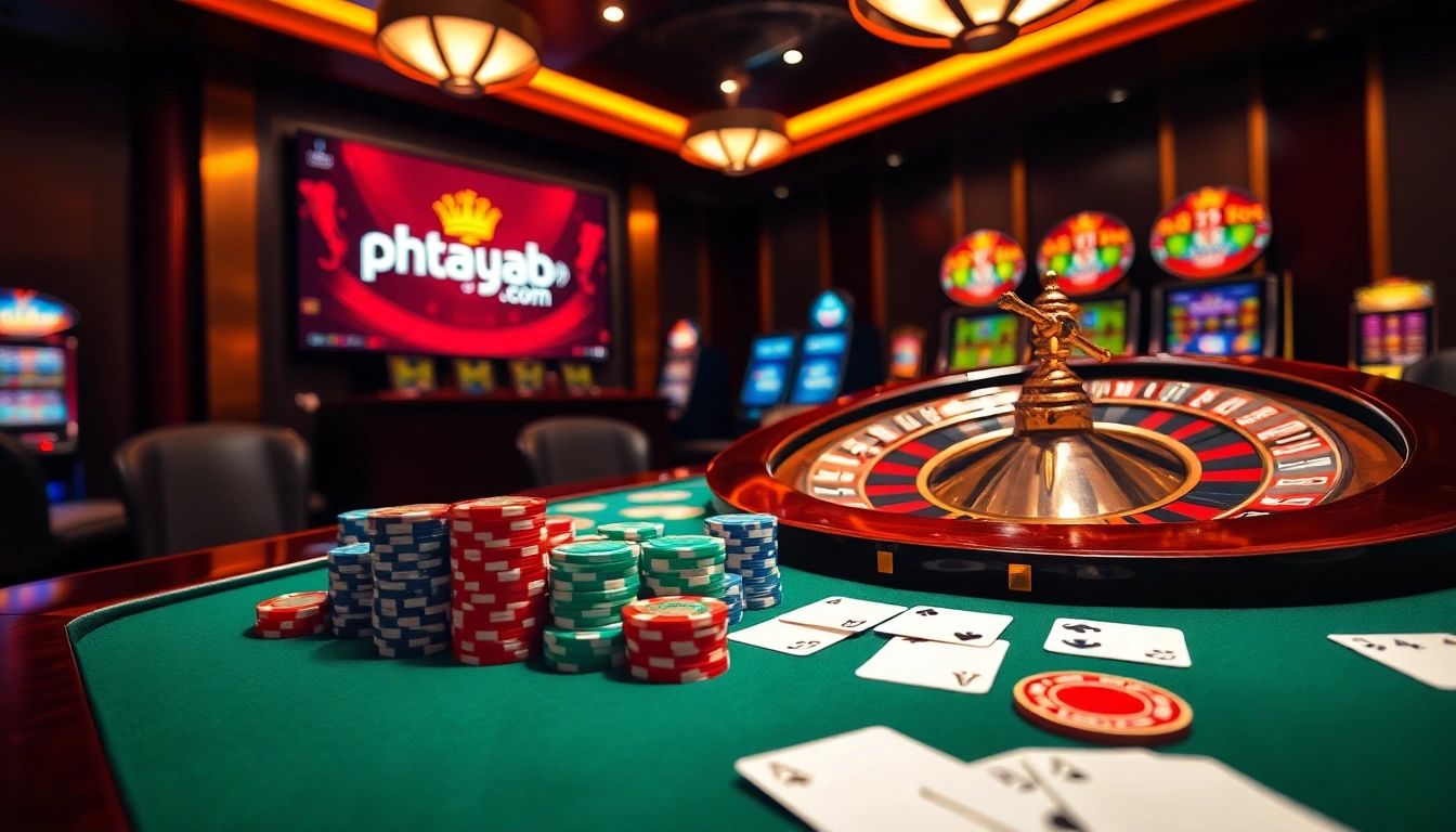 Experience the excitement of phtayab.com with vibrant casino elements including roulette and poker chips.