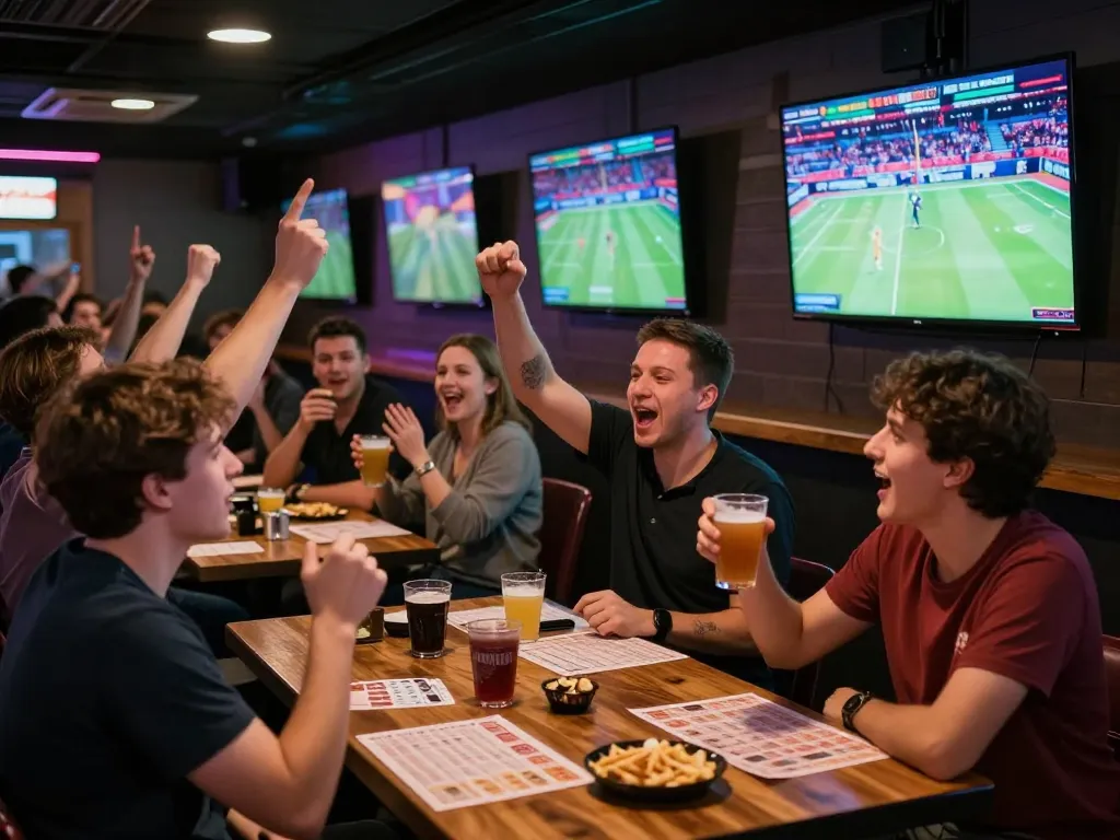 88club sports fans cheering for their teams while placing bets in a lively sports bar.