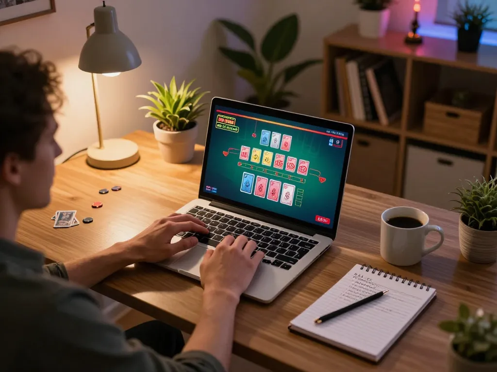 Player engaging with MMOO online casino, enjoying live dealer blackjack at home