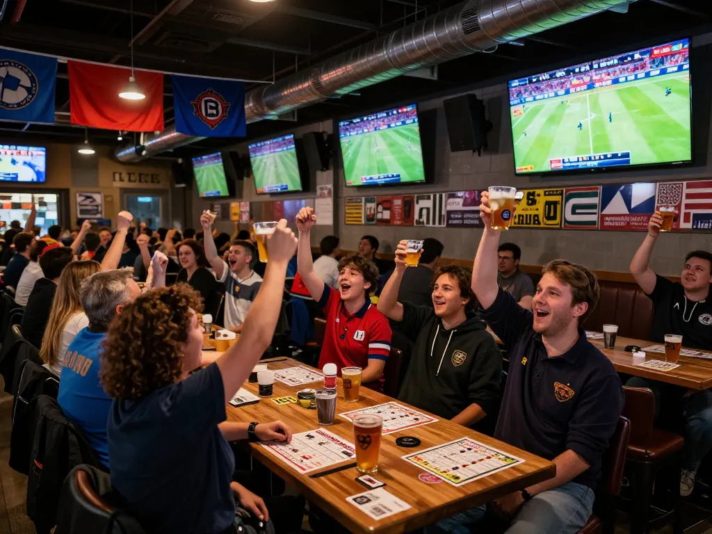 Cheering crowd enjoying thể thao mb66 sports betting in a lively bar atmosphere with glowing screens