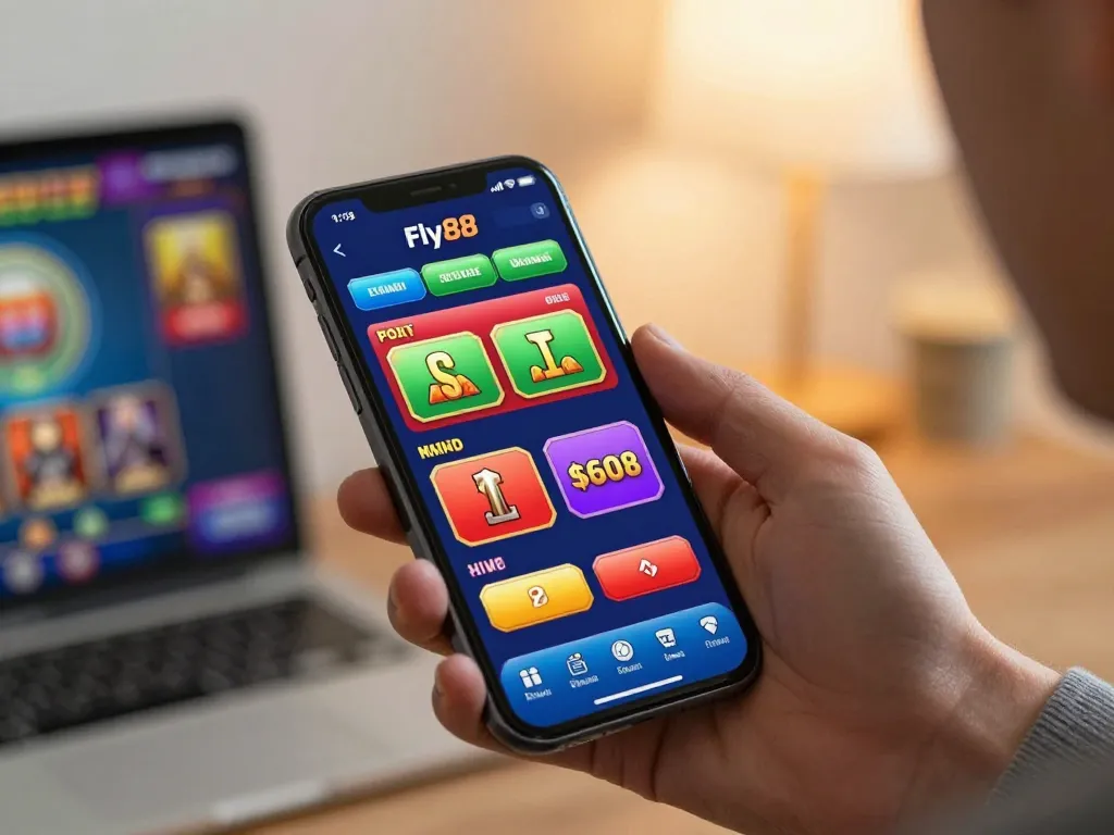 Player enjoying Fly88 app on smartphone, engaging with vibrant betting interface.