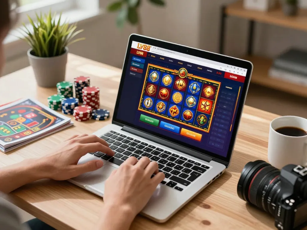Engaging in online gaming at LV88, showcasing a vibrant casino interface and strategy guides.