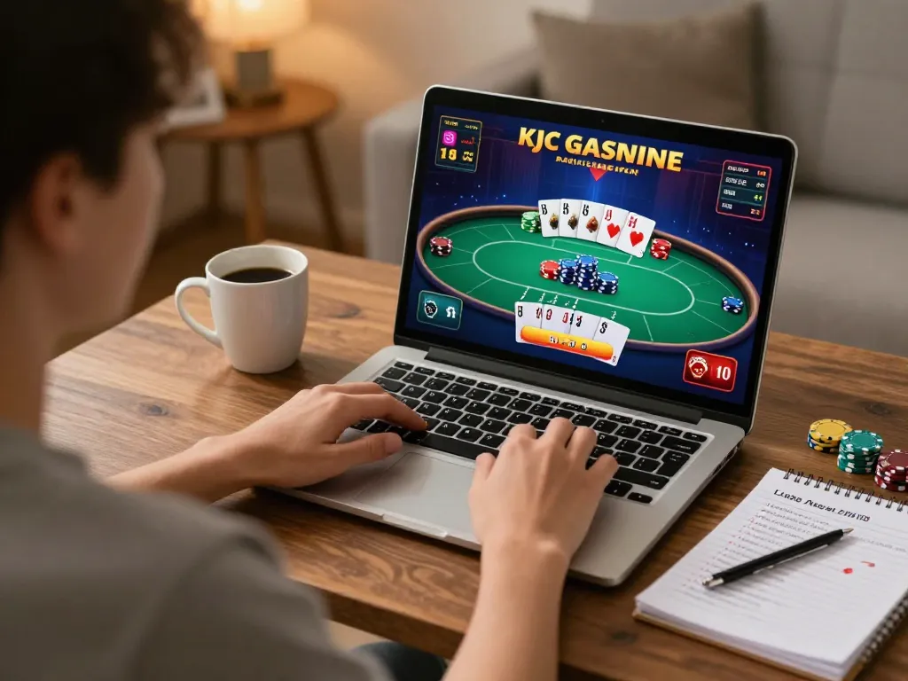 Engaging in online KJC casino gameplay with lively poker interface and cozy home setup.