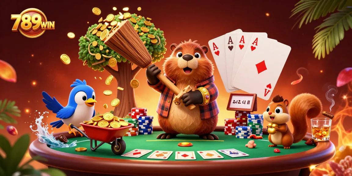 Experience excitement at 789WIN with a lively casino scene featuring a beaver, bird, and squirrel.