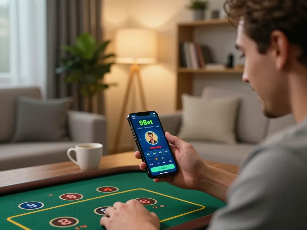 Player engaging with the 9Bet mobile app on a smartphone, surrounded by a cozy living room.