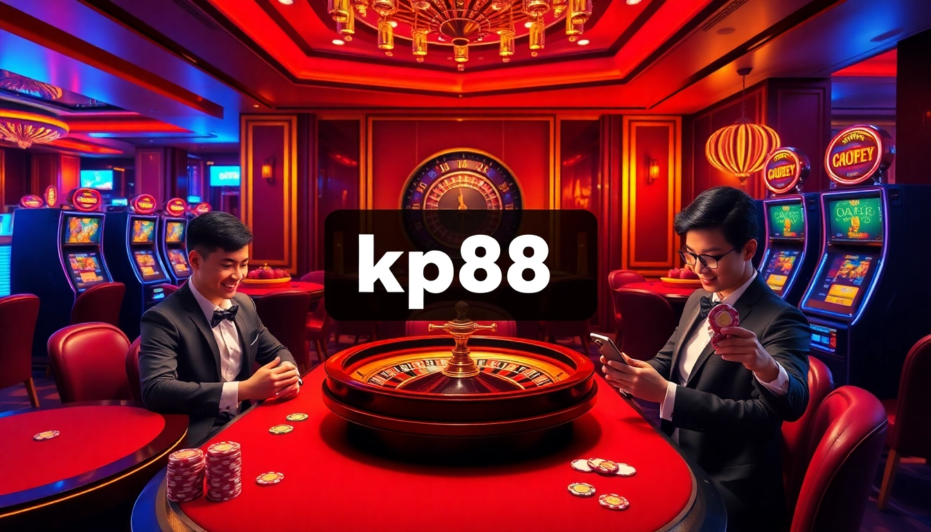 Exciting scene of players engaging with the kp88 game in a luxurious casino setting, showcasing vibrant casino elements.