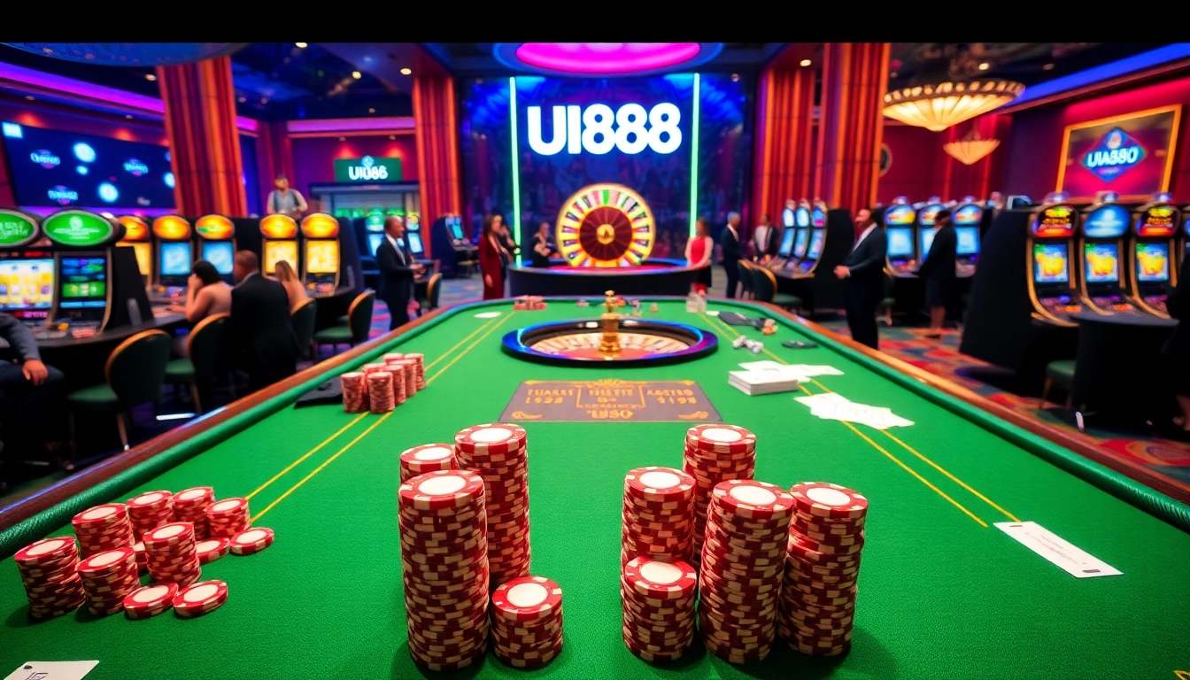 Experience the thrill of gambling at uu88vn.za.com with vibrant casino visuals and poker tables.