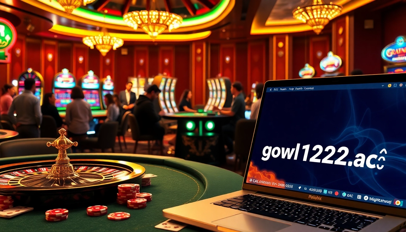 Gambling at https://goal123.ac/ featuring poker tables, slot machines, and vibrant casino atmosphere.