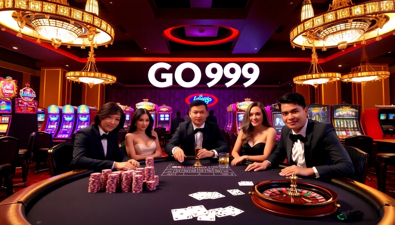GO99 players enjoying high-stakes poker with colorful chips and luxury atmosphere.