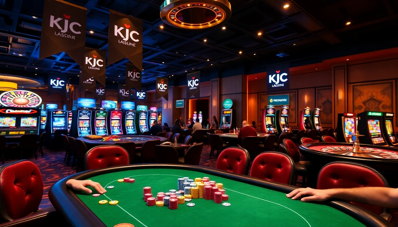 KJC logo shines above an exciting poker table with players engaged in a high-stakes game