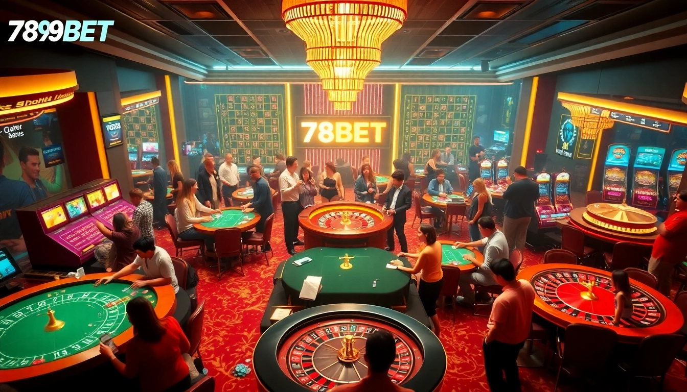 Excited players engage in thrilling casino games at 789BET, reflecting luxury and excitement.