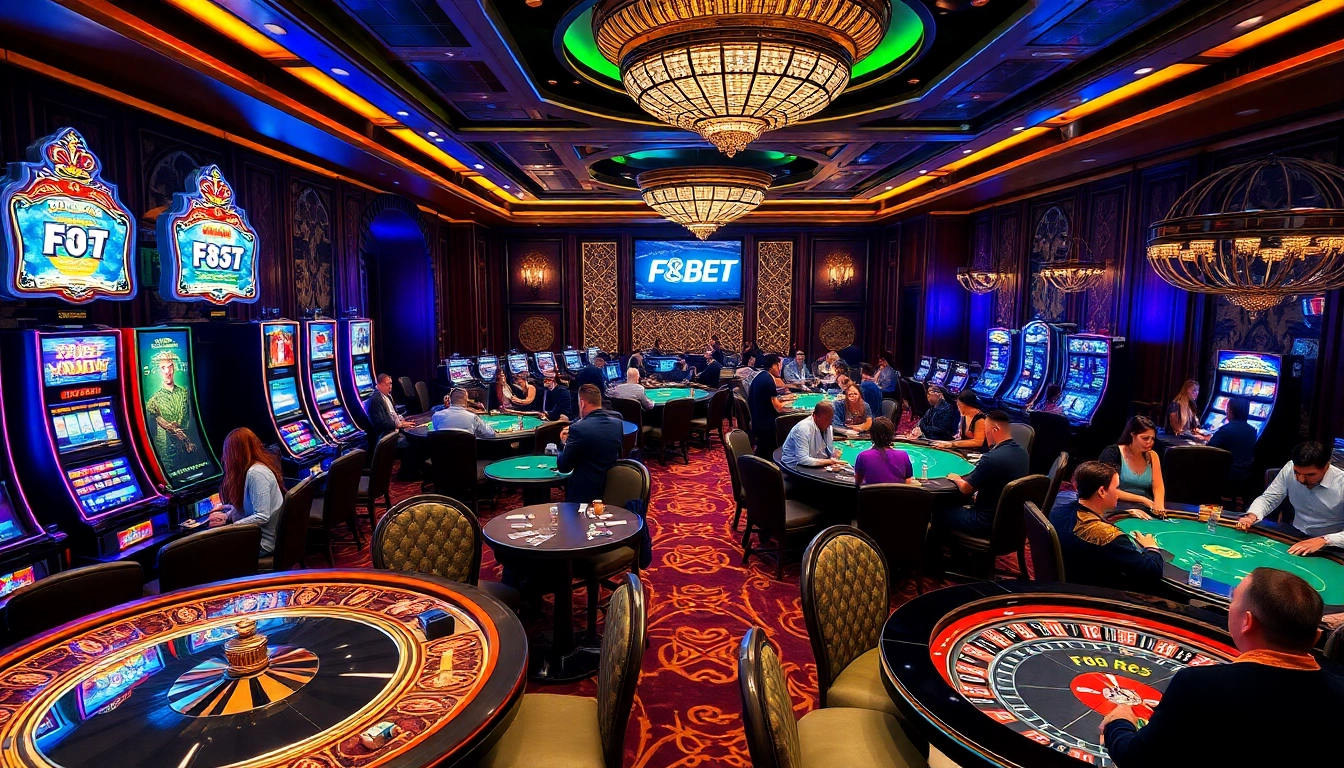 Experience the excitement at F8BET with vibrant casino visuals featuring tables, slot machines, and engaging players.