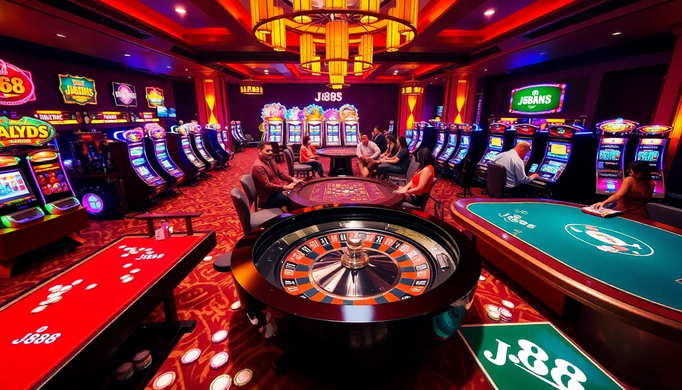 Engage with the excitement of J88 casino, showcasing vibrant slot machines and gaming tables.