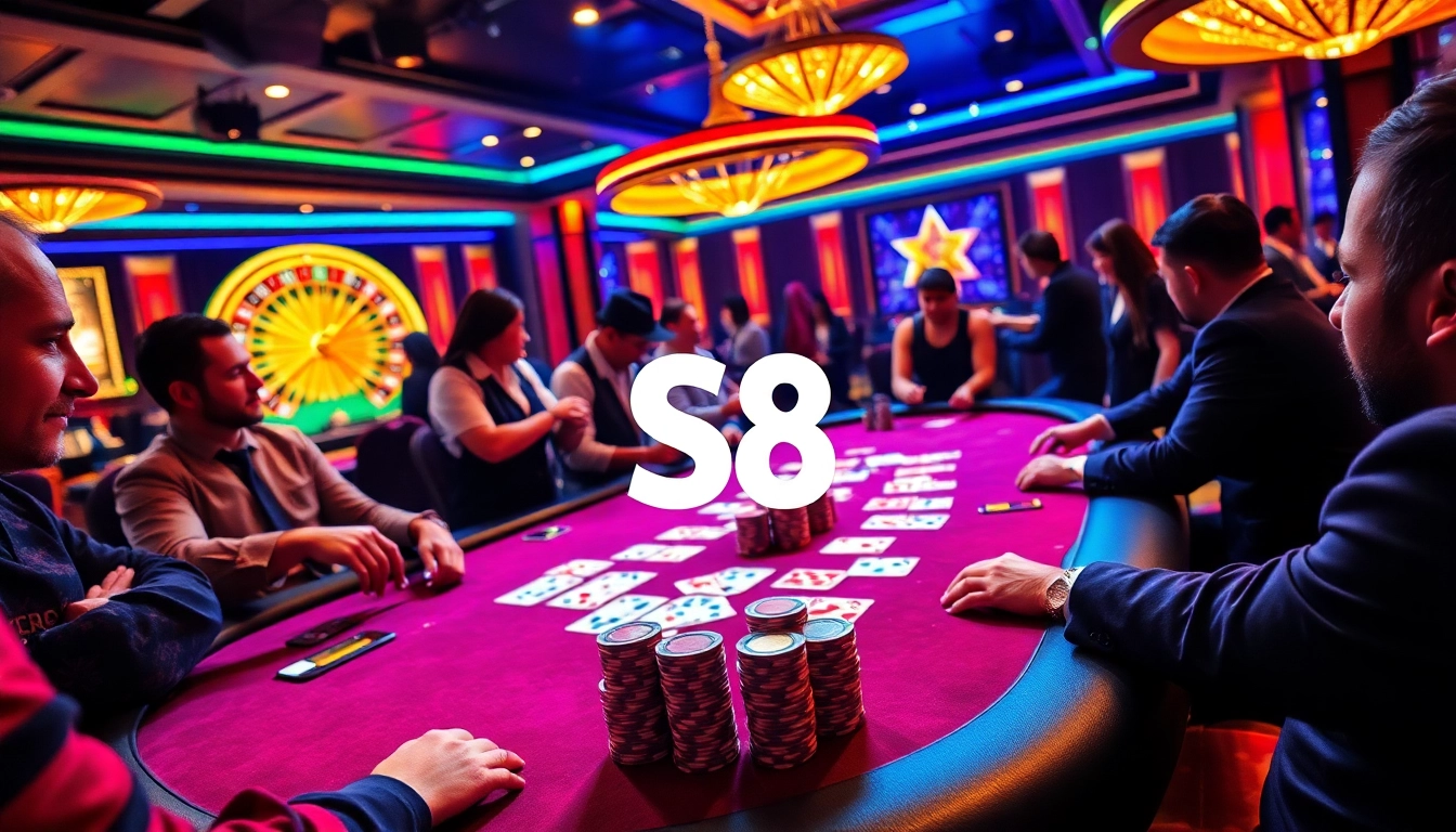 S8 tables displaying high-stakes poker action with vibrant chips and an inviting atmosphere.