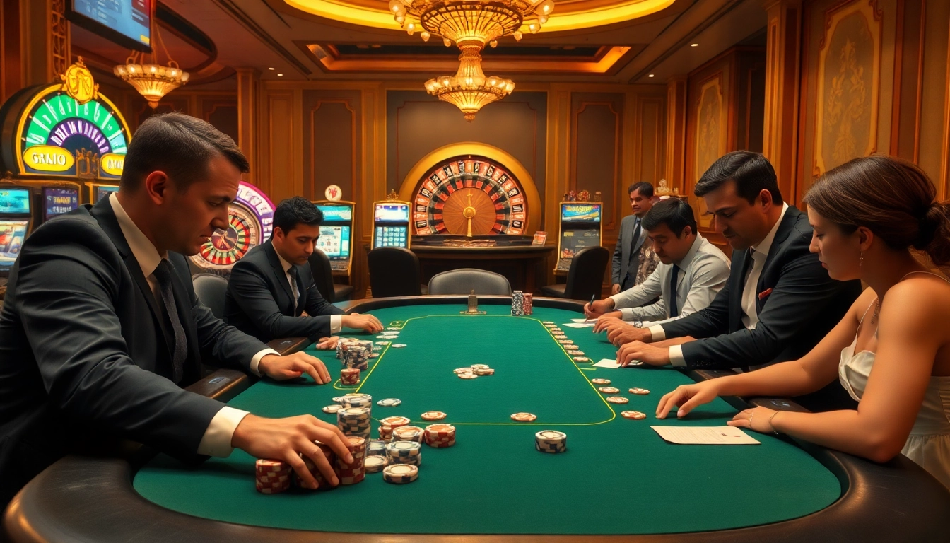 Engaging poker players strategizing their next move at rr88 com, surrounded by a luxurious casino ambiance.