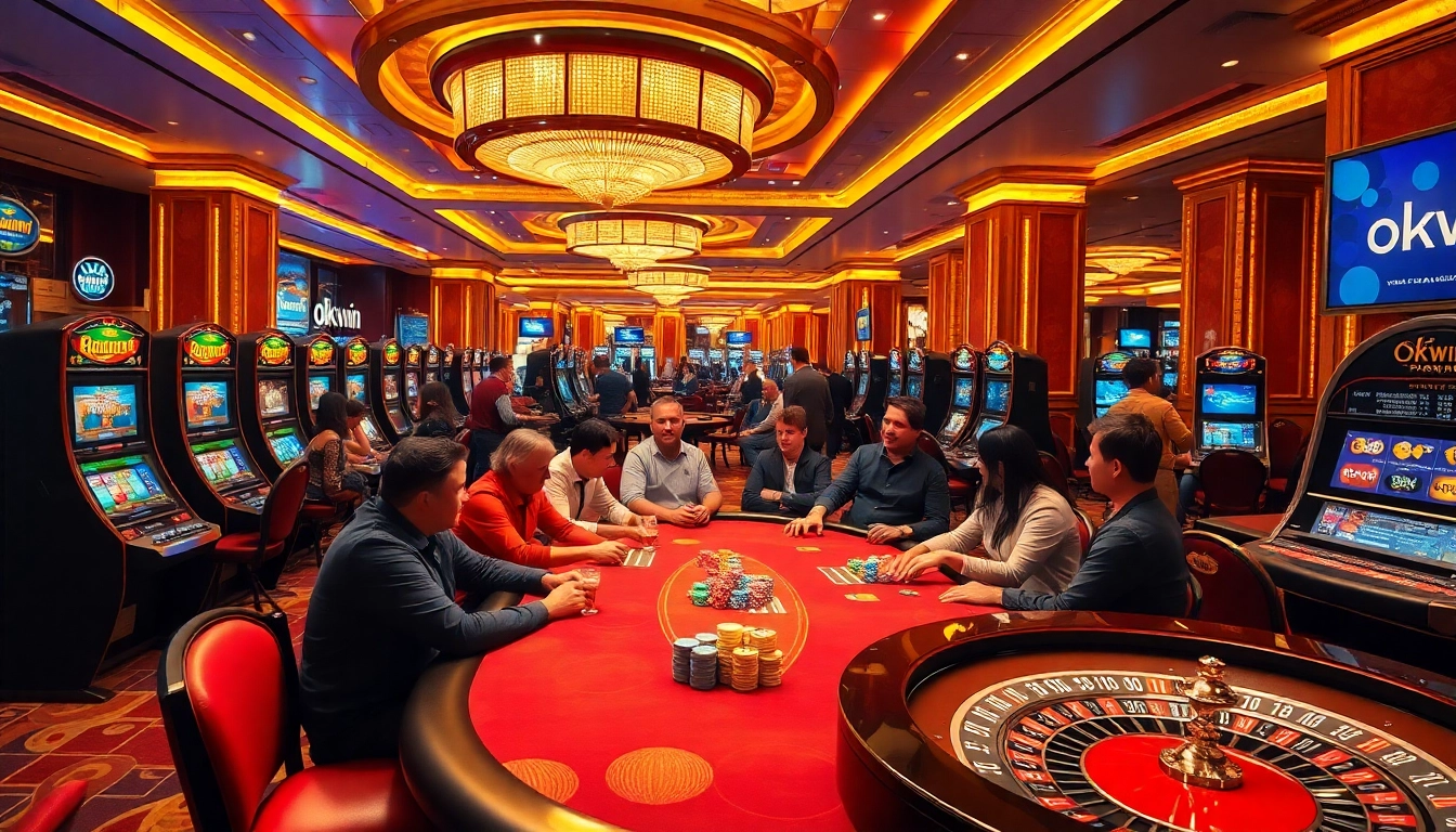 Players engaging in a thrilling poker game at the okwin casino, surrounded by vibrant slot machines.