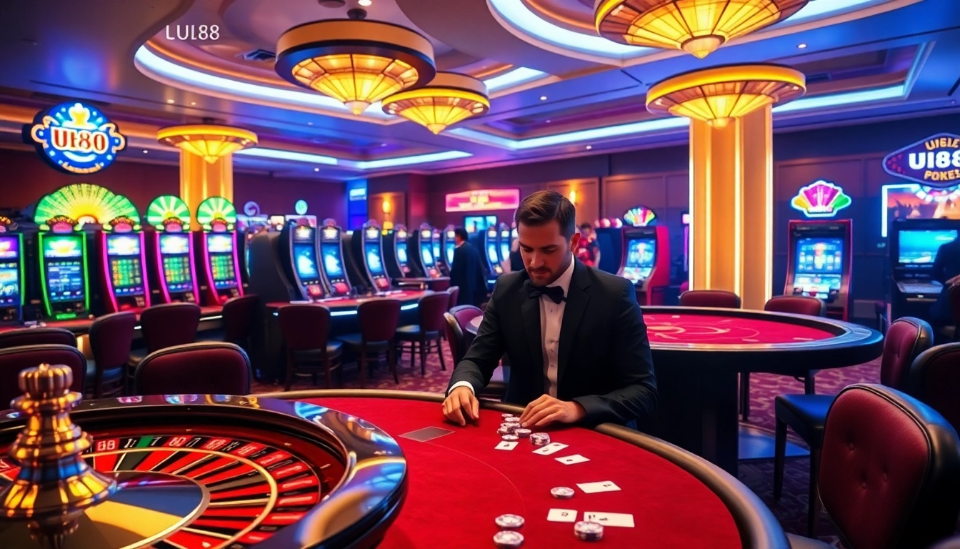 Play exciting games at UU88 casino with stunning slot machines and vibrant roulette wheel.